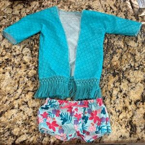 Doll clothes Turquoise Fringe Cardigan and Floral Shorts Set